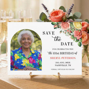 Elegant Floral and Photo 101st Birthday Party Save The Date