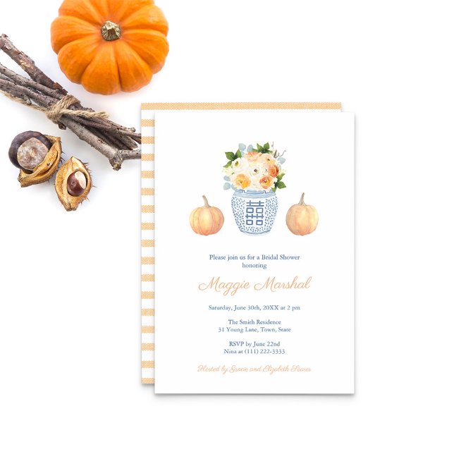 Elegant Floral And Pumpkins Autumn Bridal Shower Invitation (Pumpkins Ginger Jar Fall Autumn Florals Soft Orange Striped Reverse Bridal Shower Party Invitation)