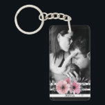 Elegant Floral and Stripes Custom Photo Keychain<br><div class="desc">Personalised photo keychain with pretty floral on black and white stripes.</div>