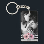 Elegant Floral and Stripes Custom Photo Keychain<br><div class="desc">Personalised photo keychain with pretty floral on black and white stripes.</div>