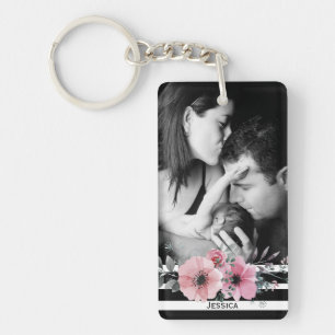 Elegant Floral and Stripes Custom Photo Keychain