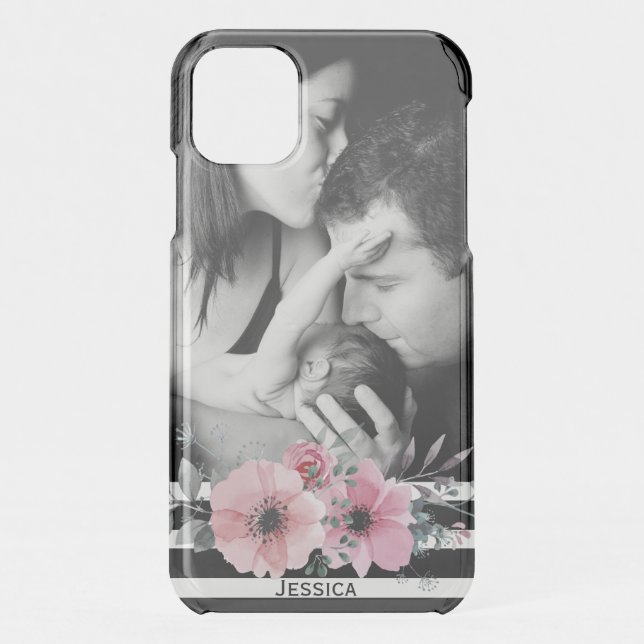 Elegant Floral and Stripes Custom Photo Uncommon iPhone Case (Back)