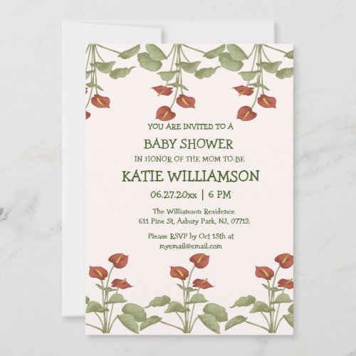 Elegant floral anthurium baby shower add details  invitation