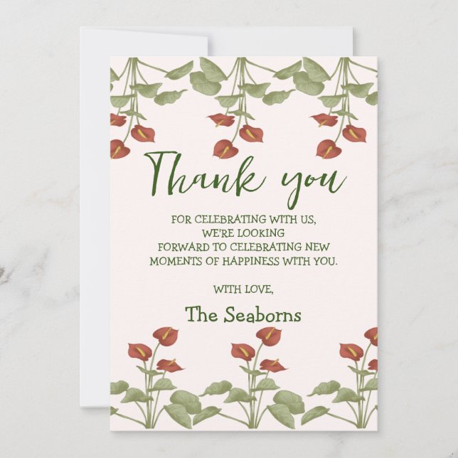 Elegant floral anthurium baby shower message thank you card (Front)