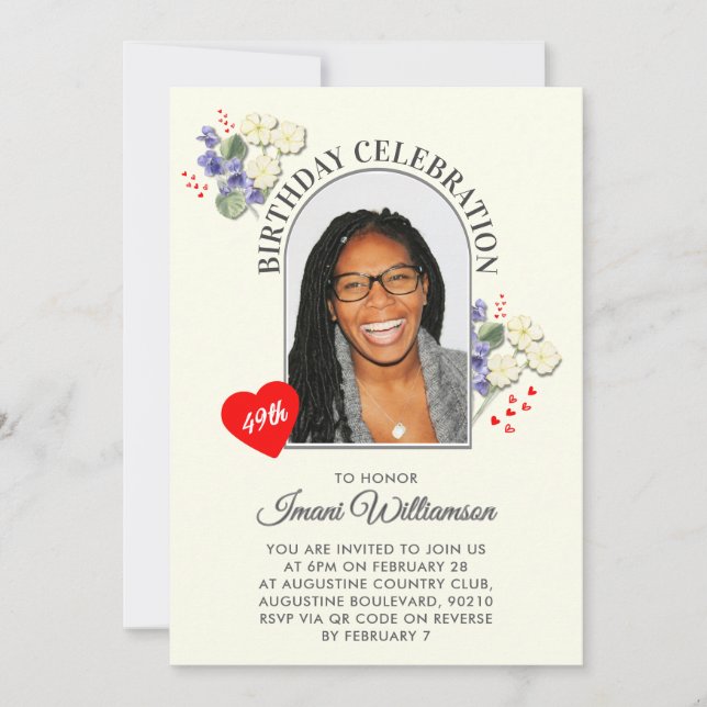 Elegant Floral ANY AGE Photo FEBRUARY Birthday Invitation (Front)