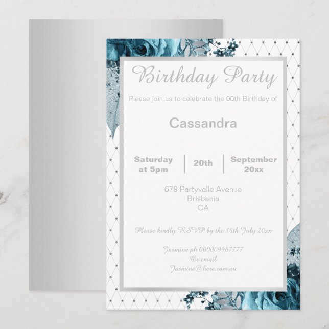 ELEGANT FLORAL AQUA BLUE SILVER NETTING BIRTHDAY INVITATION (Front/Back)