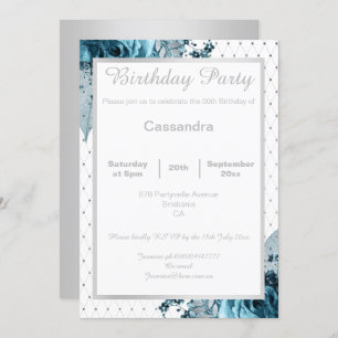 ELEGANT FLORAL AQUA BLUE SILVER NETTING BIRTHDAY INVITATION