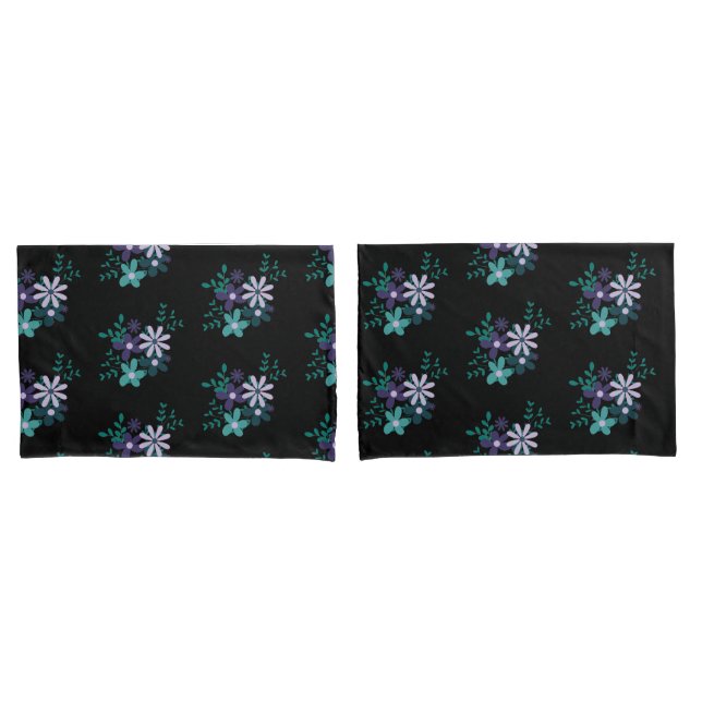 Elegant floral aqua green purple violet Dark BG Pillow Case (Front-Set)