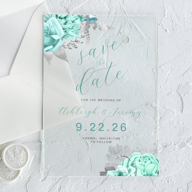 Elegant Floral Aqua Silver Save the Date (Creator Uploaded)