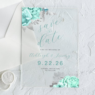 Elegant Floral Aqua Silver Save the Date Acrylic Invitations