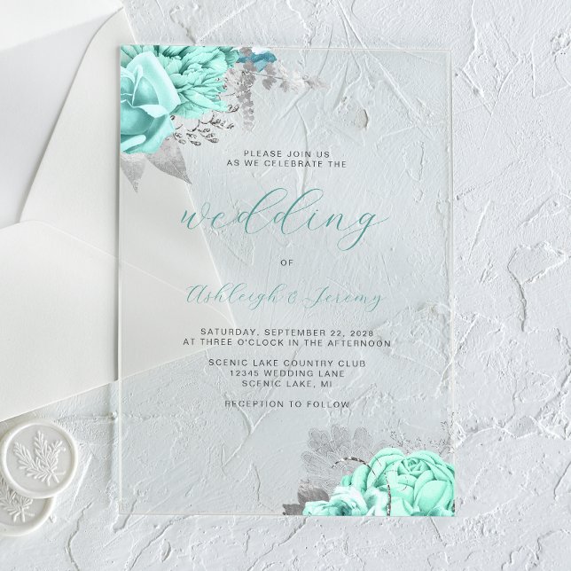 Elegant Floral Aqua Silver Script Wedding Acrylic Invitations (Creator Uploaded)