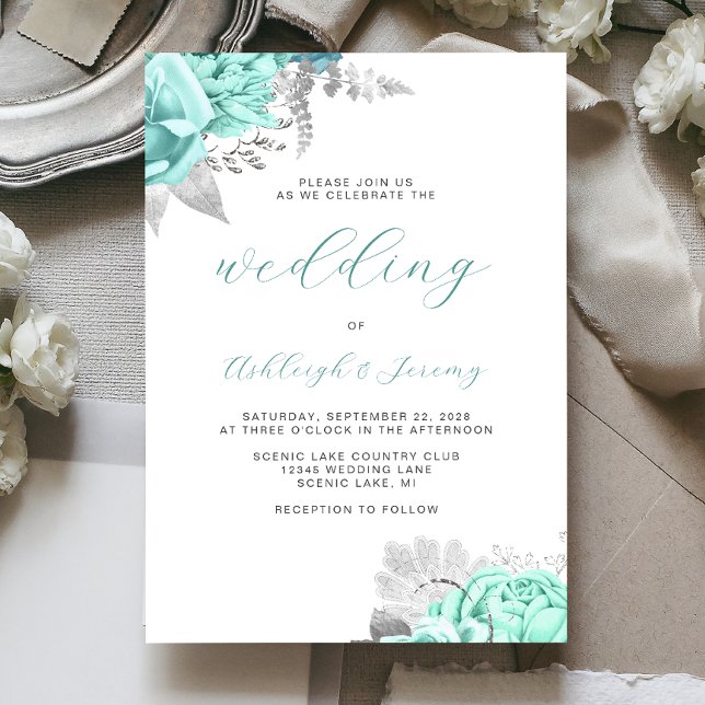 Elegant Floral Aqua Silver Script Wedding Invitation (Creator Uploaded)