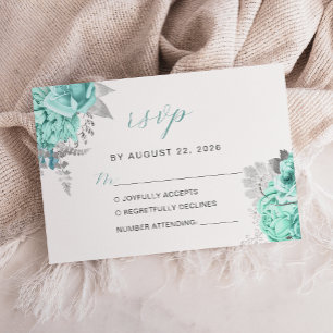 Elegant Floral Aqua Silver Script Wedding RSVP Card