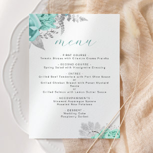 Elegant Floral Aqua Silver Wedding Menu