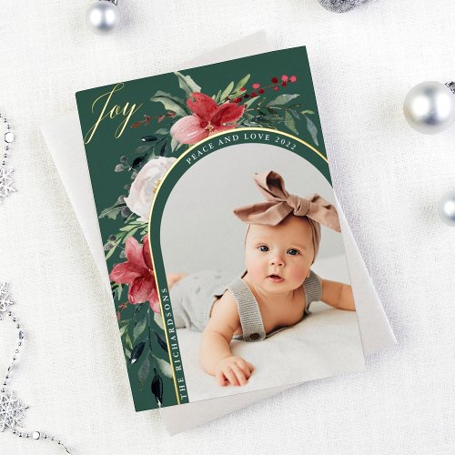 Elegant Floral Arch and Photo Foil Holiday Card