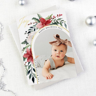 Elegant Floral Arch and Photo Foil Holiday Card