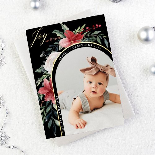 Elegant Floral Arch and Photo Foil Holiday Card