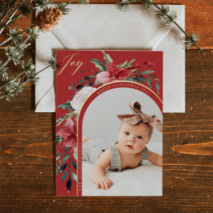 Elegant Floral Arch and Photo Foil Holiday Postcard