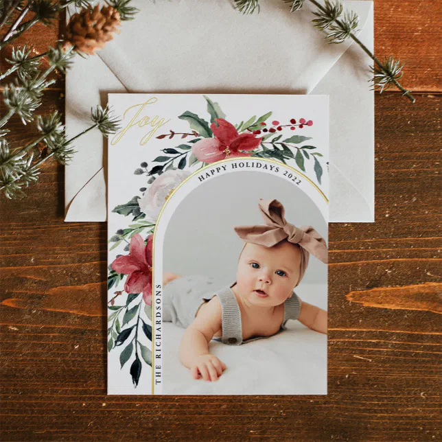 Elegant Floral Arch and Photo Foil Holiday Postcard | Zazzle