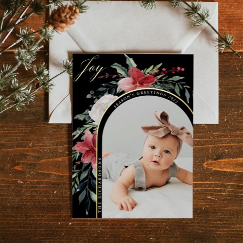 Elegant Floral Arch and Photo Foil Holiday Postcard