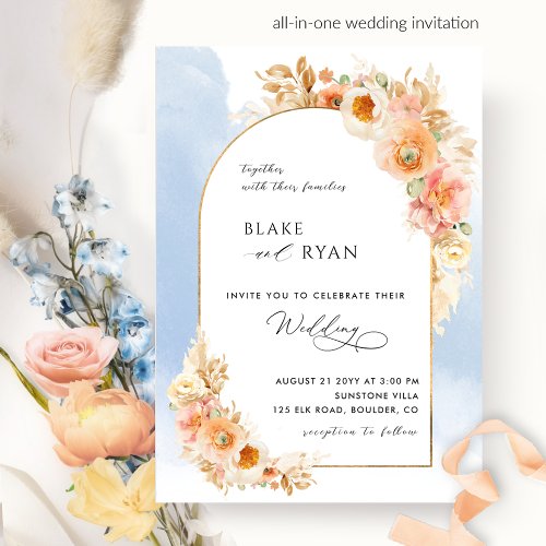 Elegant Floral Arch Peach Blush and Blue Wedding I Invitation