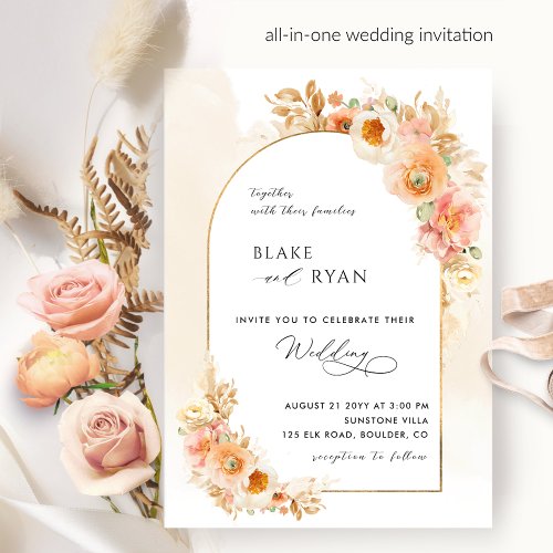 Elegant Floral Arch Peach Blush and Cream Wedding Invitation