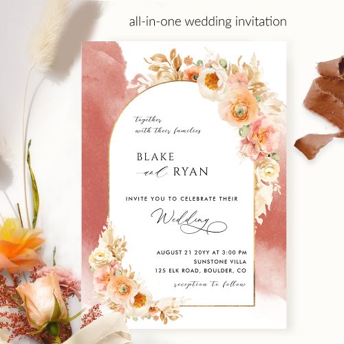 Elegant Floral Arch Peach Blush and Rust Wedding Invitation