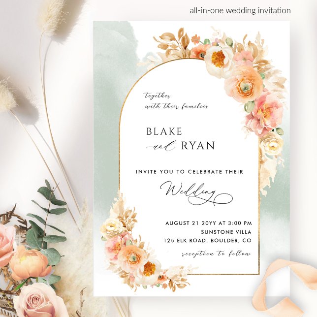 Elegant Floral Arch Peach Blush and Sage Wedding I Invitation (Creator Uploaded)