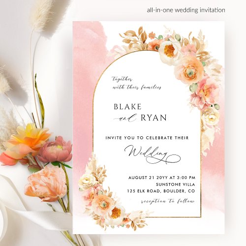 Elegant Floral Arch Peach Blush Pink Coral Wedding Invitation