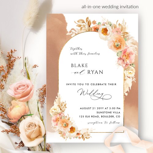 Elegant Floral Arch Peach Blush Terracotta Wedding Invitation