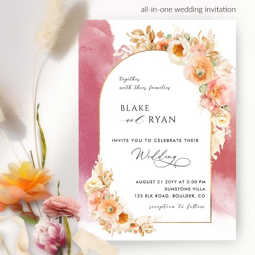 Elegant Floral Arch Peach Burgundy Blush Wedding I Invitation