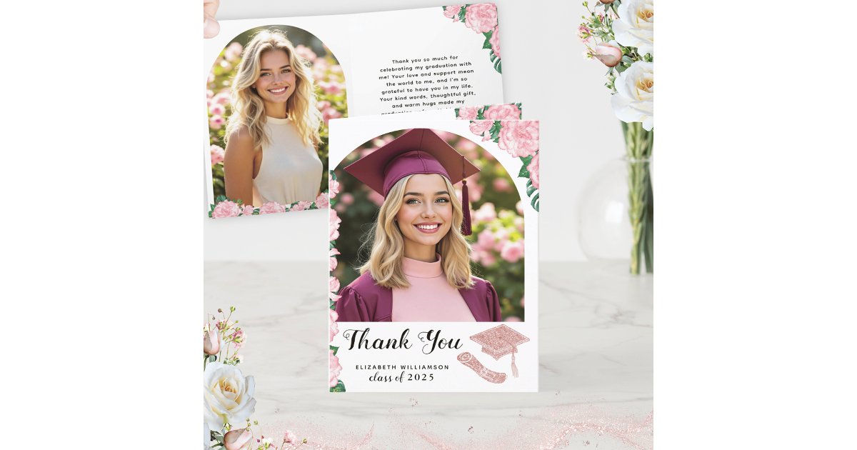Elegant Floral Arch Photo Class of 2025 Graduation Thank You Card | Zazzle