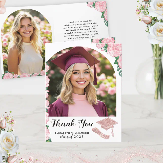 Elegant Floral Arch Photo Class of 2025 Graduation Thank You Card | Zazzle