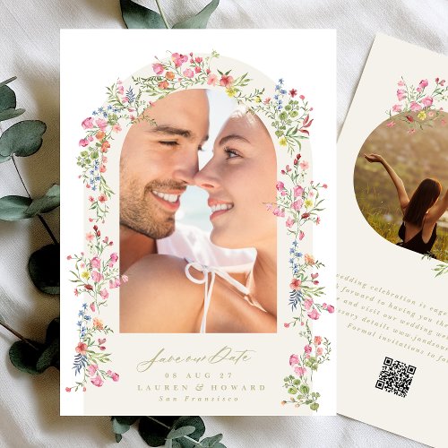 elegant floral arch spring wedding photo QR Code Save The Date