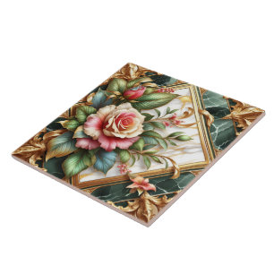 Elegant Floral Arrangement With Roses and Leaves Ceramic Tile