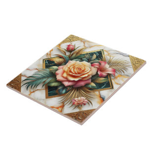 Elegant Floral Arrangement With Roses And Leaves Ceramic Tile