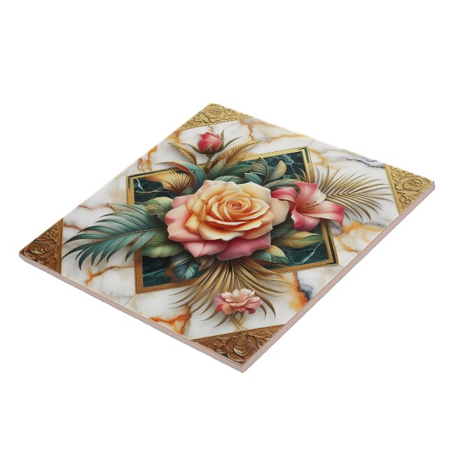 Elegant Floral Arrangement With Roses And Leaves Ceramic Tile (Side)