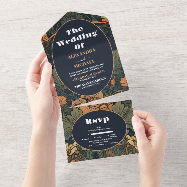Elegant Floral Art Nouveau Wedding All In One Invitation (Tearaway)