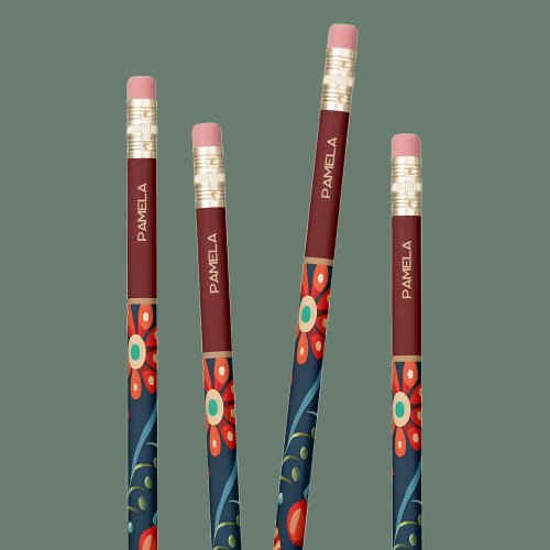 Elegant Floral Art Personalized Name Kids Girls  Pencil