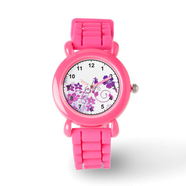 Elegant Floral Art  with Pink Glitter Strap Watch (Front)