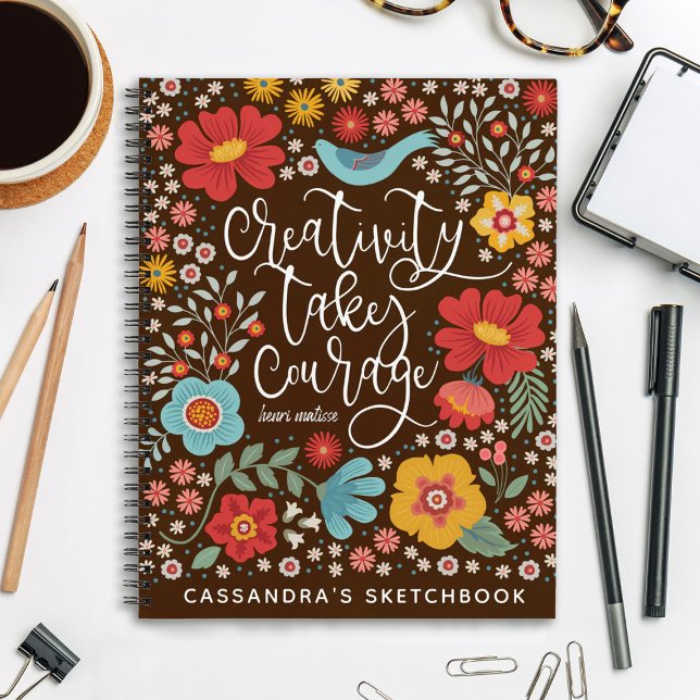 Elegant Floral Artist Sketchbook With Name Notebook (A pretty artists sketchbook with the quote "Creativity Takes Courage. Personalize it with your name)