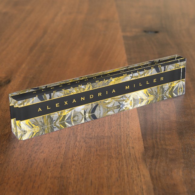 Elegant Floral | Artistic Abstract Black & Yellow Desk Name Plate (Side)