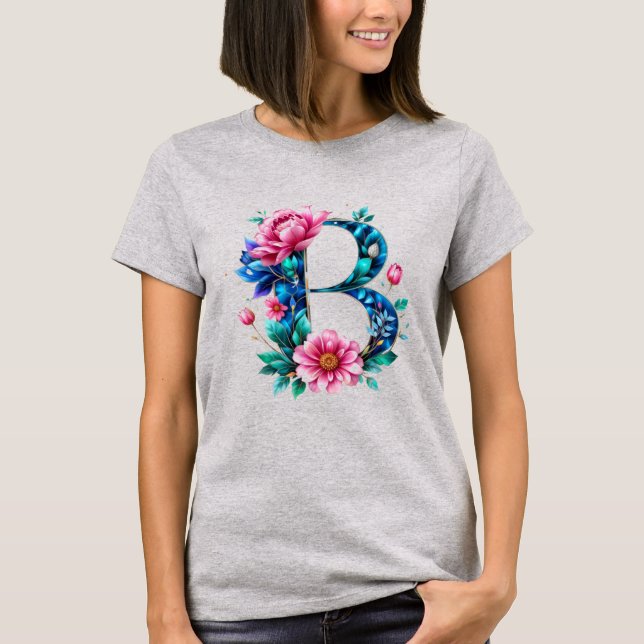 Elegant Floral B Initial T-Shirt for Her (Front)