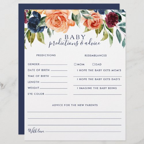 Elegant Floral Baby Predictions and Advice Cards