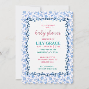 Elegant Floral Baby Shower Blue Bow Shabby Chic Invitation