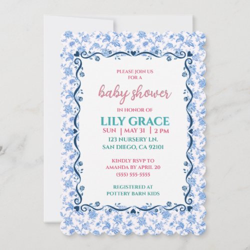 Elegant Floral Baby Shower Blue Bow Shabby Chic  Invitation