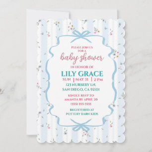 Elegant Floral Baby Shower Blue Bow Shabby Chic Invitation