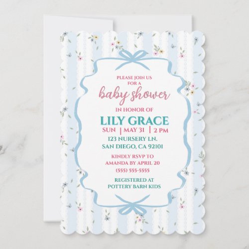 Elegant Floral Baby Shower Blue Bow Shabby Chic  Invitation