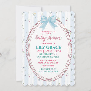 Elegant Floral Baby Shower Blue Bow Shabby Chic Invitation