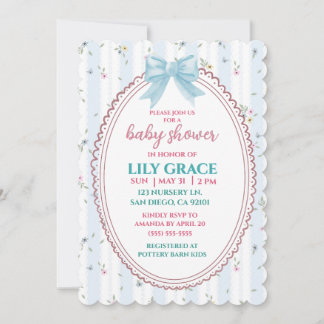 Elegant Floral Baby Shower Blue Bow Shabby Chic  Invitation